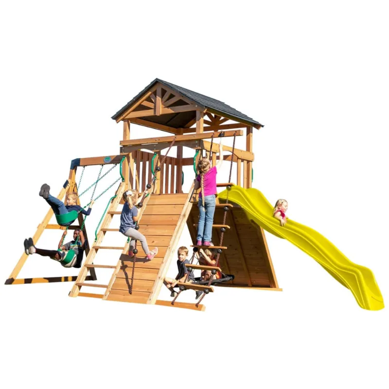 Playground Infantil De Madeira Com Parede De Escalada, Escorregador, 2 Balanços De Cinto E 1 Balanço De Teia, Backyard Discovery, Amarelo