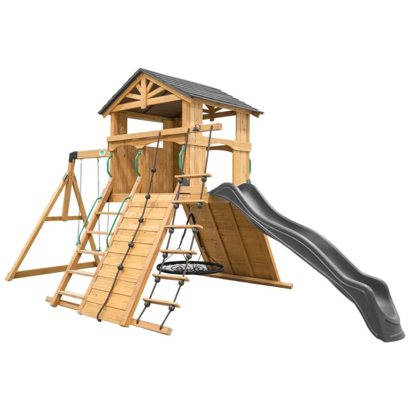 Playground Infantil De Madeira Com Parede De Escalada, Escorregador, 2 Balanços De Cinto E 1 Balanço De Teia, Backyard Discovery, Cinza