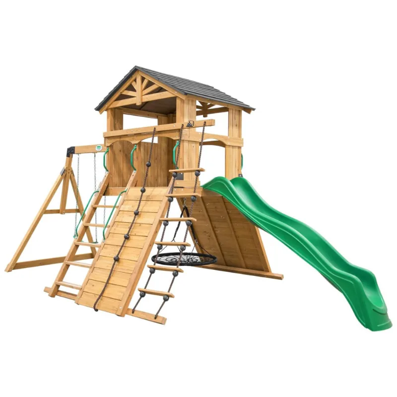 Playground Infantil De Madeira Com Parede De Escalada, Escorregador, 2 Balanços De Cinto E 1 Balanço De Teia, Backyard Discovery, Verde