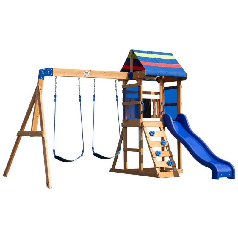Playground Infantil De Madeira Com Caixa De Areia, Parede De Escalada, Escorregador E 2 Balanços, Backyard Discovery, Azul