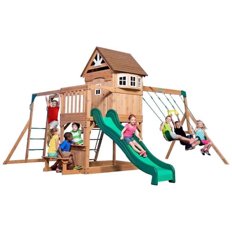 Playground Infantil Com Mesa De Piquenique, Barras De Macaco, Escorregador, 2 Balanços E Barra De Acrobacias, Backyard Discovery, Verde