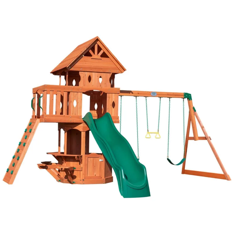 Playground Infantil Com Janela De Lanches E 3 Assentos, Parede De Escalada, Escorregador De Ondas, 2 Balanços E 1 Trapézio, Backyard Discovery, Verde