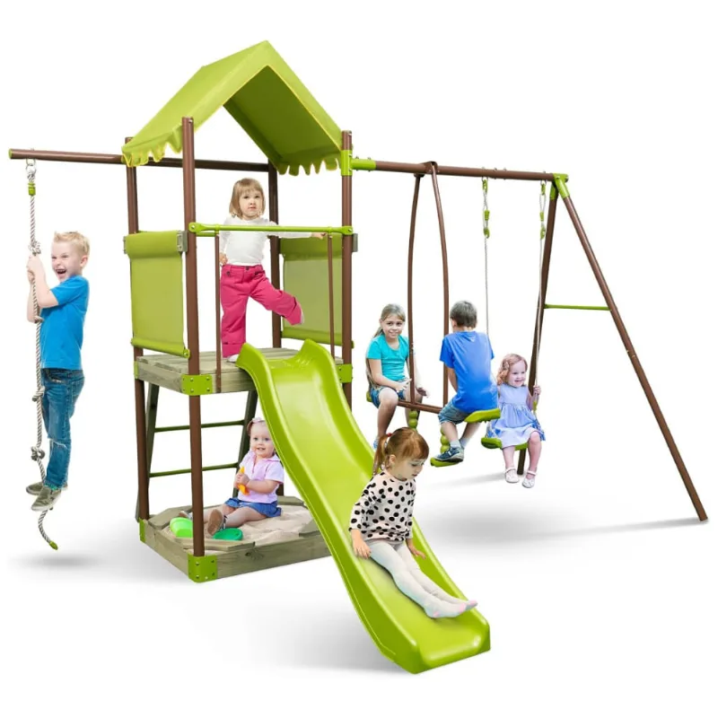 Playground Infantil De Metal Com Corda De Escalada, Caixa De Areia, Planador Para 2 Pessoas E Escorregador, Honey Joy, Verde