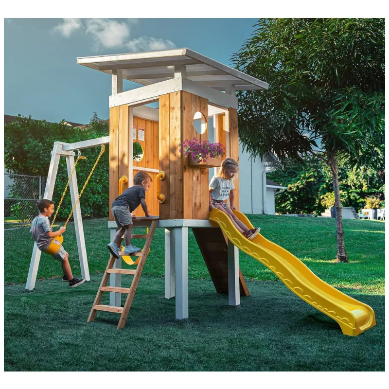 Playground Infantil De Madeira Com Escorregador, Balanços, Escada E Parede De Escalada, Avenlur Sw001, Amarelo
