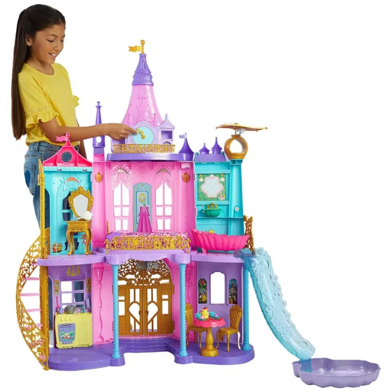 Castelo de Princesas com Luzes e Sons, 3 Níveis e 25 Peças de Mobiliário e Acessórios, Mattel Disney, Rosa. 110v