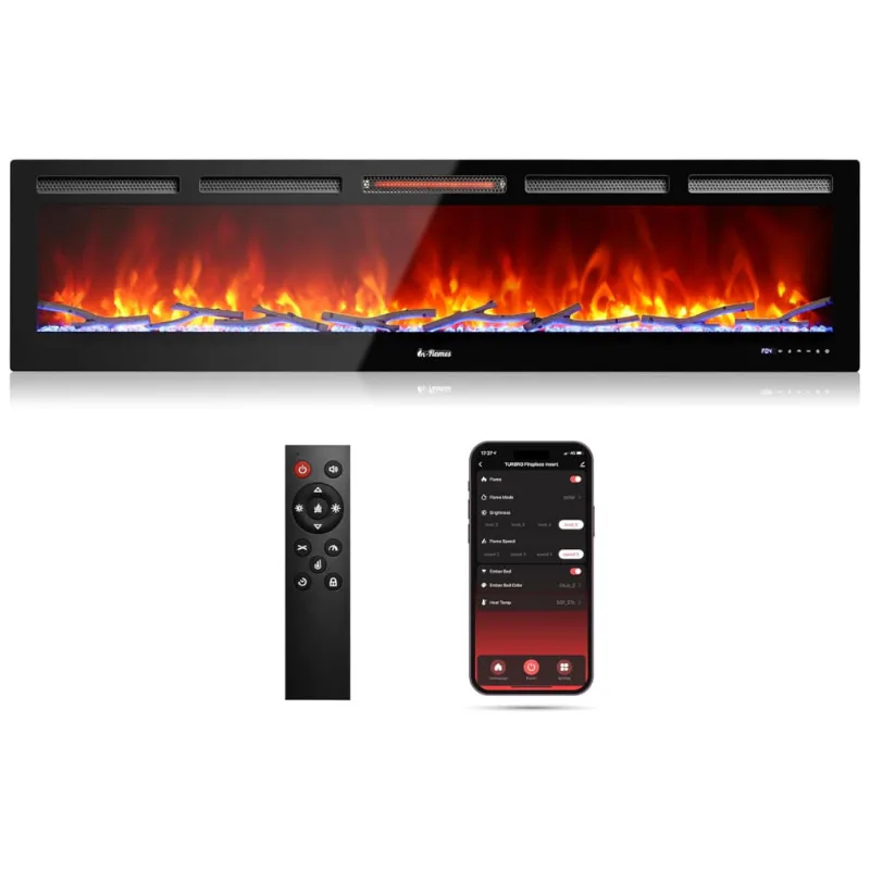 Lareira Elétrica De Embutir A45x182l Cm Com Estalo Sonoro, Chama Realista, Controle Remoto E App, 110v 1500w, Turbro, Preta