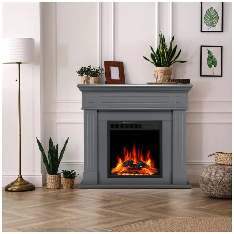 Lareira Elétrica De Embutir A100x109l Cm Com Suporte De Tv, Chama De Led Ajustável E Controle Remoto, 110v 1500w, R.w.flame, Cinza