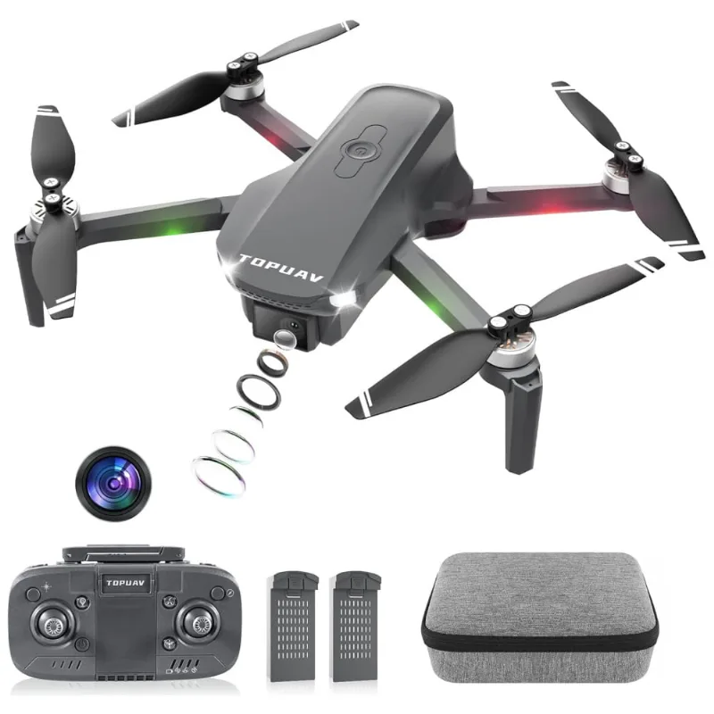 Drone Gps Com Câmera 90° Ajustável, Retorno Automático, Decolagem/pouso Com Uma Tecla E 2 Baterias Recarregáveis, Topuav, Preto