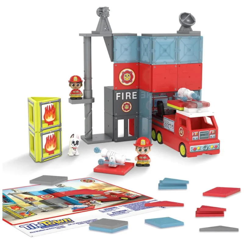 Playset Magnético Estação de Bombeiros e Caminhão de Bombeiros com Luzes e Sons, Tile Town 110v