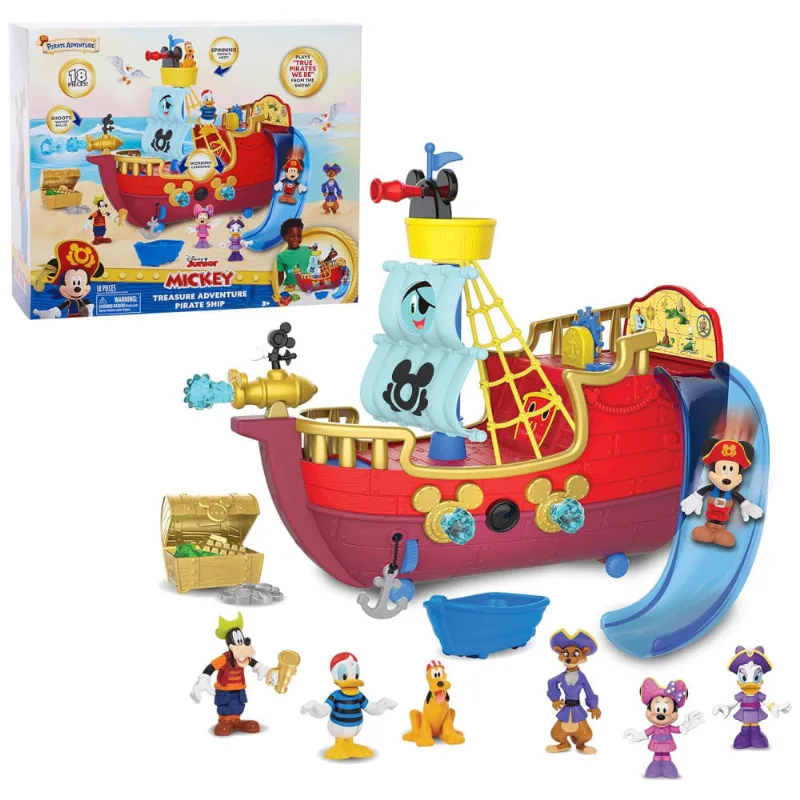 Barco Pirata de Aventura ao Tesouro com Figuras Bônus, Conjunto de 18 Peças e Playset, Disney Junior Mickey Mouse Funhouse. 110v