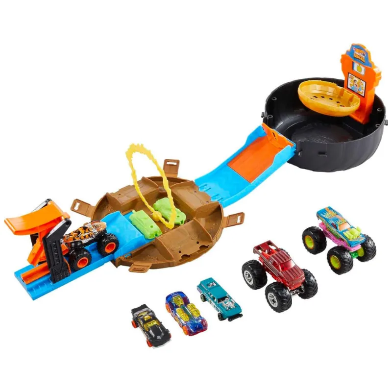 Conjunto de Monster Trucks com Pista Transformável, Inclui 3 Caminhões e 4 Carros, Hot Wheels. 110v