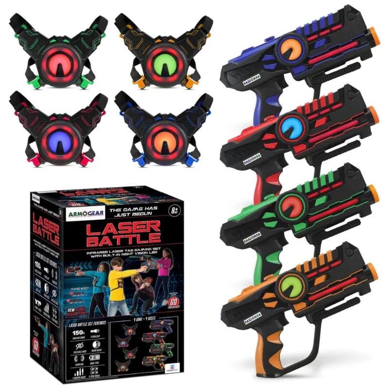 Pitolas De Laser Tag Armogear Com 4 Peças Recarrregáveis E Coletes, Para Jogos Multijogador Internos E Externos, Alcance De 45 M, Idade 8+ Anos