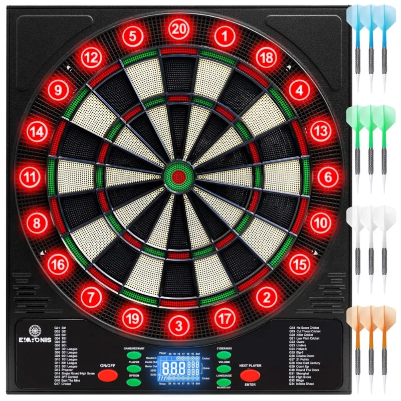 Jogo De Dardos Com 34 Jogos, 355 Variações, 12 Dardos, Placa Iluminada E Armazenamento Para 12 Dardos, 8 Jogadores, Ekaronis.
