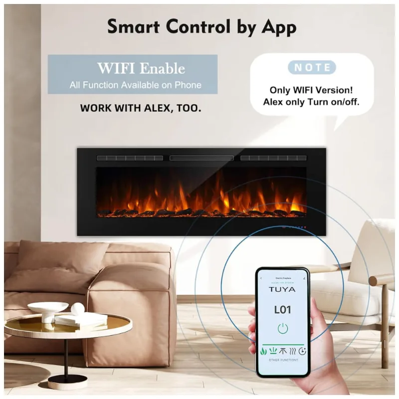 Lareira Elétrica Inteligente De 152 Cm Com Wi-fi, 5 Ajustes De Chama, Troncos Ou Cristais, Controle De Temperatura Por Painel Touch, Masarflame