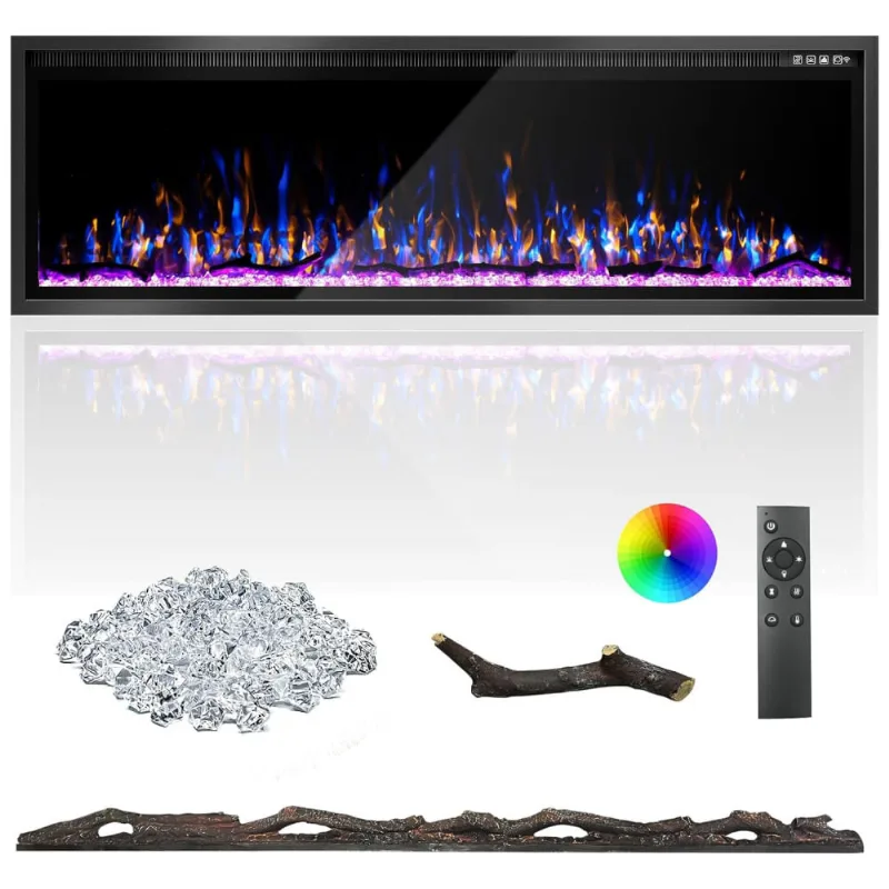 Lareira Elétrica De 152 Cm, Ultrafina, Embutida Ou De Parede, Troncos, Madeira Flutuante Ou Cristais, Controle Remoto, Termostato, Kucreiheat