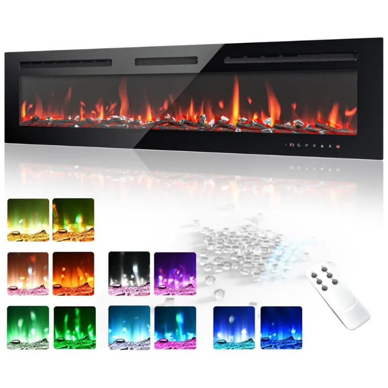 Lareira Elétrica Euhomy De 152 Cm, Embutida Ou De Parede, Chama Ajustável, Aquecedor Com Controle Remoto, Timer, Tela Touch, Troncos E Cristais