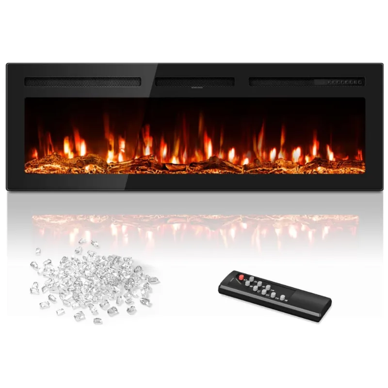 Lareira Elétrica De 152 Cm, Embutida Ou De Parede, Controle Remoto, Aquecedor 1500/750w (15-37°c), 12 Cores Ajustáveis, Timer, Troncos,manastin