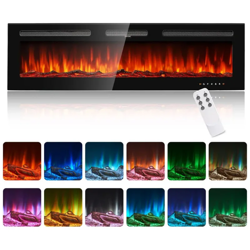Lareira Elétrica Oneinmil De 152 Cm, Embutida Ou De Parede, 750w/1500w, 12 Cores De Chama, Controle Remoto, Troncos E Cristais Inclusos