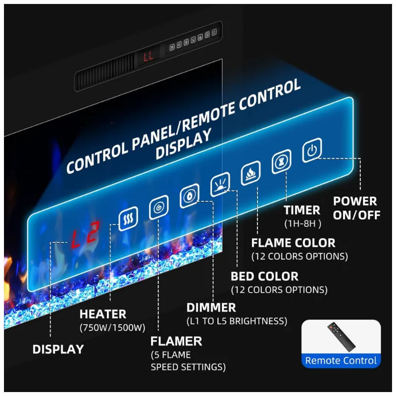 Lareira Elétrica 173 Cm, Revestimento Ultra Estreito, Montada Na Parede, Com Controle Remoto, Tela Touch, Aquecedor 1500w.eueiriup