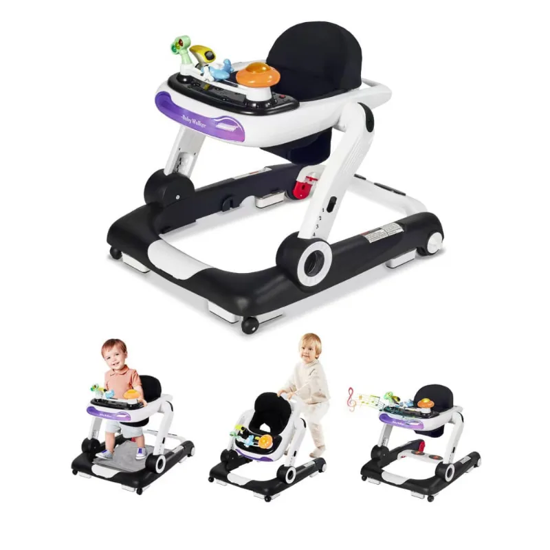 Música e luzes Baby Walker com rodas, centro de atividades de 5 em 1 com brinquedos removíveis e segurança de música