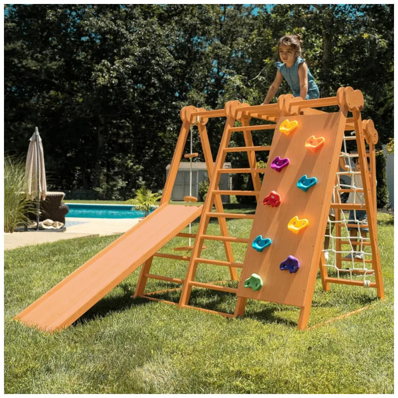 Playground Avenlur 7 Em 1 Playset Dobrável Indoor/outdoor Infantil Com Escorregador, Parede De Escalada, Barras De Macaco E Balanço.