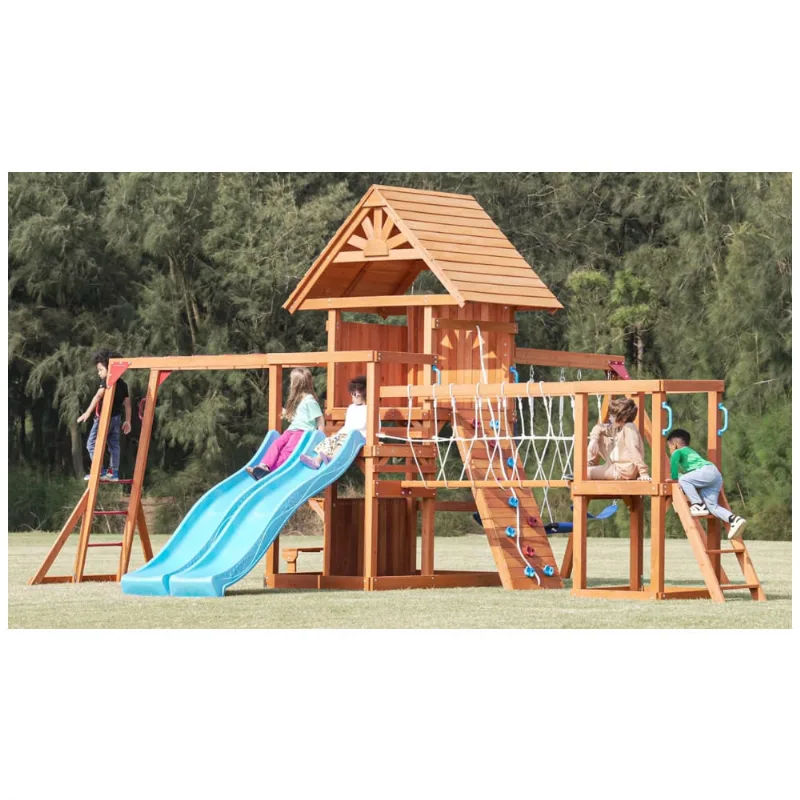 Dolphin Playground Wooden Swing. Monkey Bar. Ponte De Prancha Com Malha De Corda. 2 Lâminas De Ondas. Grande Parede De