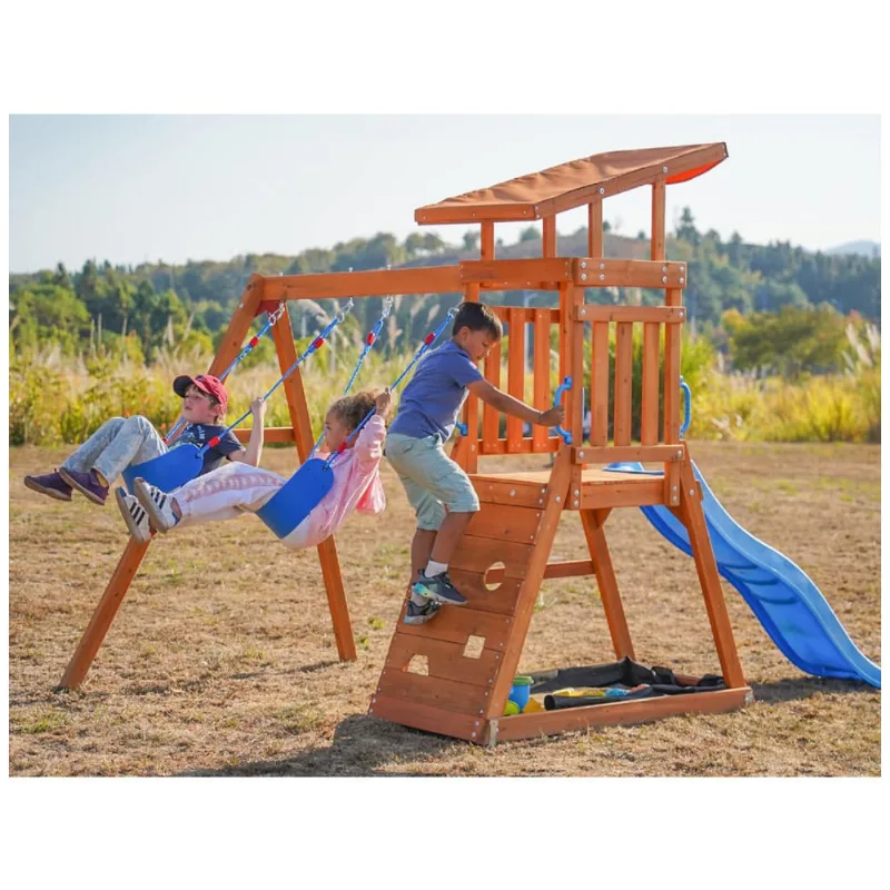 Playground Dolphin Playground T Em Madeira Para Quintal, Com Escorregador, Caixa De Areia, Parede De Escalada E 2 Balanços Para Crianças.