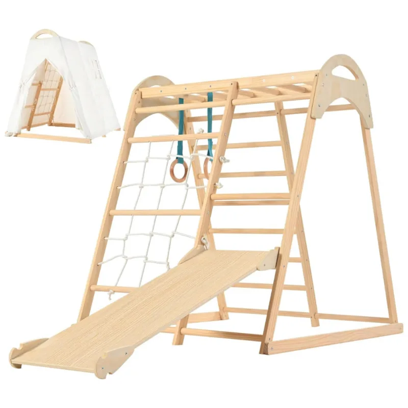 Playground Ollikivi Parquinho Indoor Jungle Gym, Brinquedo De Escalada Montessori De Madeira Com Tenda, Escorregador, Argolas E Rede Para Criança