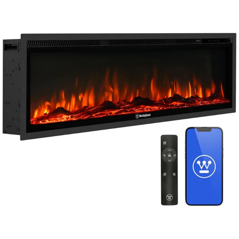 Lareira Elétrica Westinghouse De 127cm, Compatível Com Assistente Virtual, Instalação Na Parede Ou Embutida, Timer 24h, Efeito De Chamas