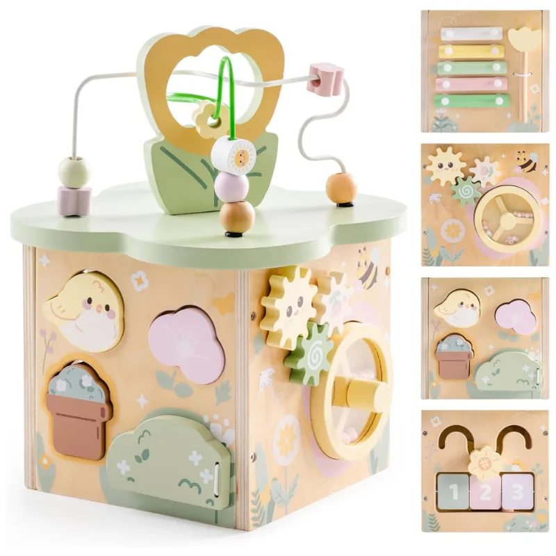 Cubo de Atividades Educativo de Madeira ROBUD, Brinquedo Educativo com 7 Áreas Funcionais, Tema Jardim de Flores, para Meninos e Meninas de 1 Ano
