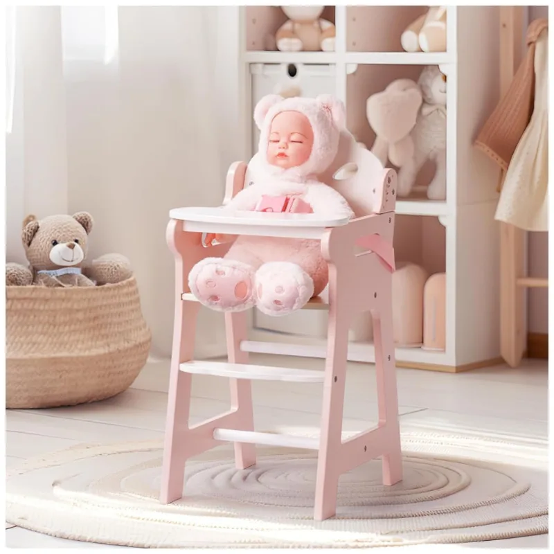 Cadeira de Boneca de Madeira Rosa com Cinto de Segurança e Mesa Removível, Ideal para Bonecas de 46 cm - Acessório Encantador!ROBUD
