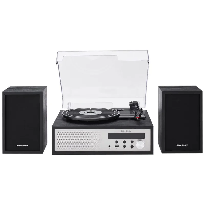 Toca-discos Crosley Cr7022abk Sloane 3 Velocidades Com Bluetooth E Rádio Fm, Sistema De Prateleira Com Alto-falantes Estéreo Combinados, Preto