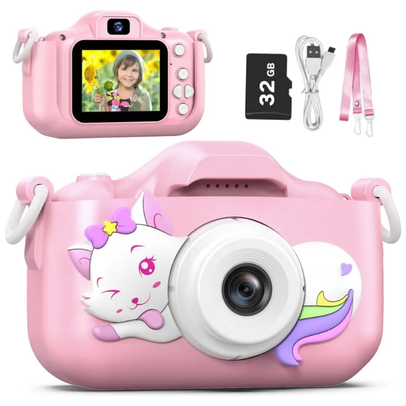 Câmera Selfie Infantil Goopow Para Meninas/Meninos 3-9 Anos, Digital com Capa Protetora e Cartão SD 32GB (DC-H21-PINK).
