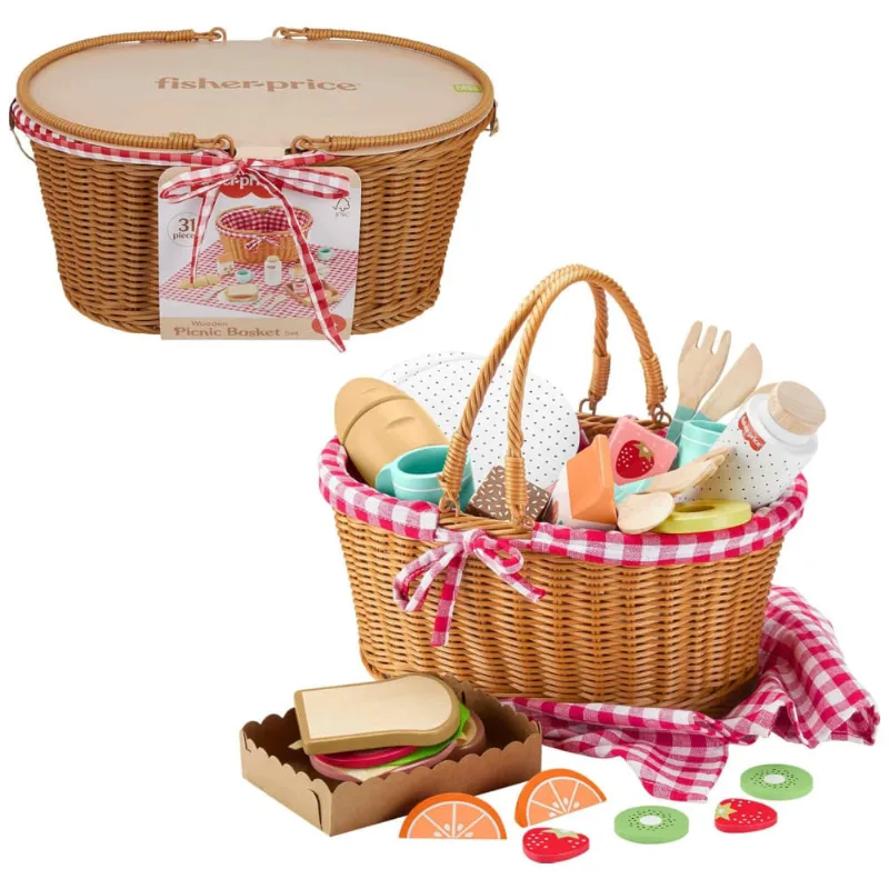 Cesta de Piquenique Fisher-Price 31 Peças de Madeira para Roleplay Pré-Escolar 3+ Anos