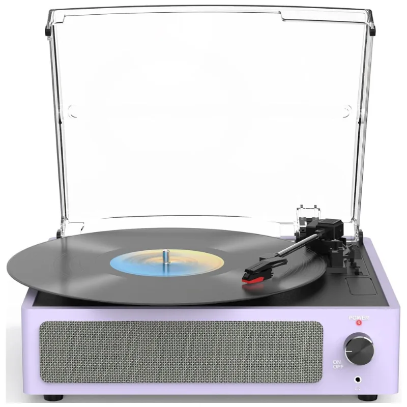 Toca-discos Vinil Novo Wockoder - Design Elegante Com Alto-falantes Integrados, Bluetooth, Três Velocidades, Wireless, Autostop, Roxo Claro