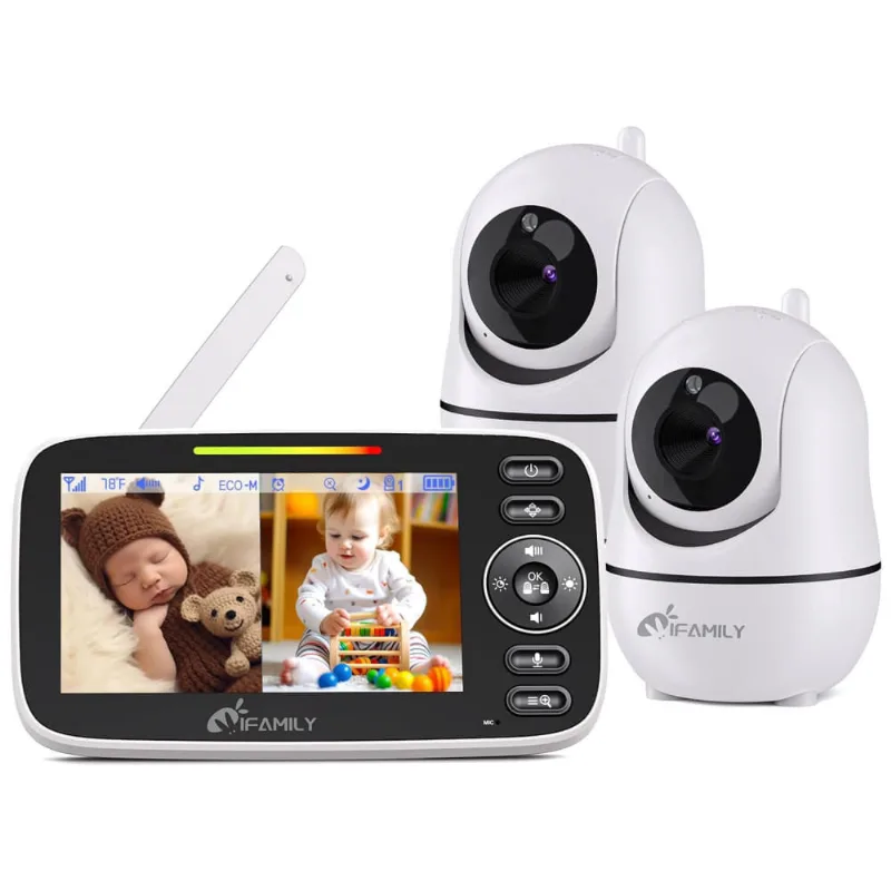 Monitor de Bebê iFamily Split Screen, com Tela Grande, 2 Câmeras e Áudio, Visão Noturna, Sensor de Temperatura e Relógio de Alimentação