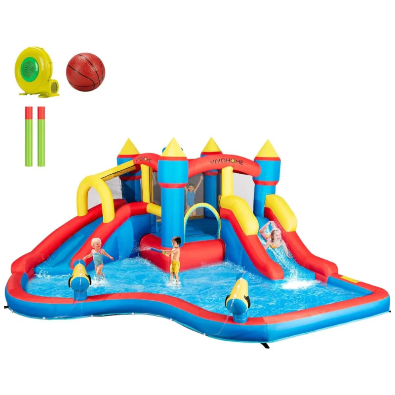 Vivohome Castelo Inflável Com Piscina E Escorregador, Brinquedo 6 Em 1 Para Crianças, Dimensões 4,6x4,3m Para Diversão Ao Ar Livre