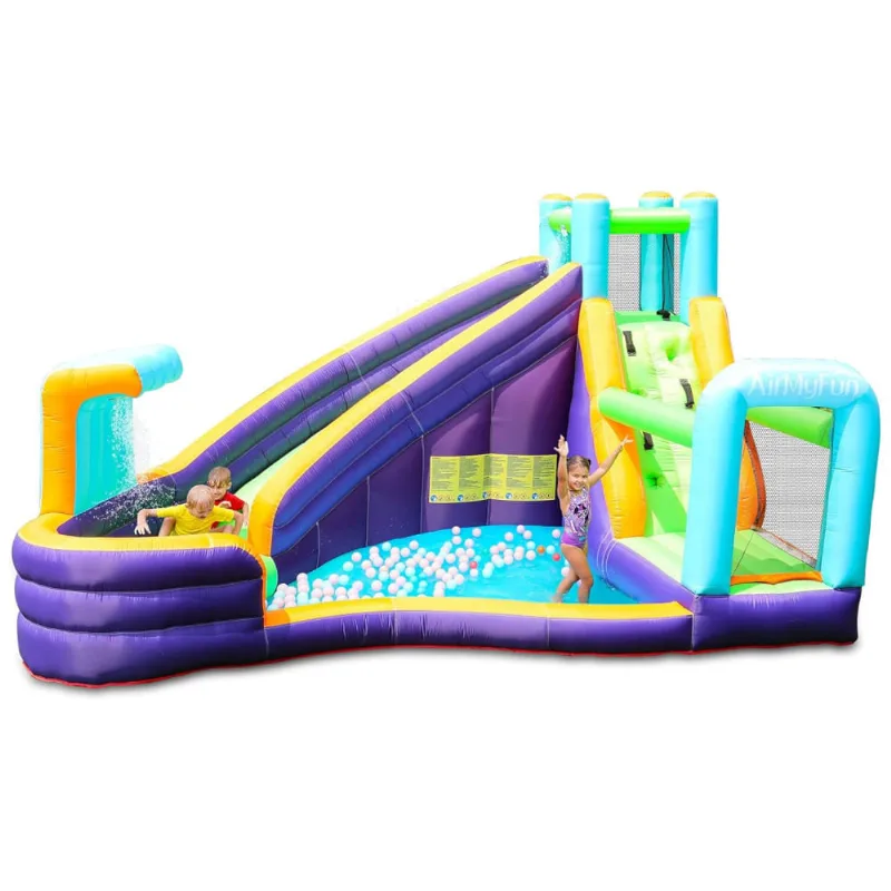 Tobogã Inflável AirMyFun, Piscina de Splash com Soprador de Ar, Casa de Pula-Pula Aquático para Crianças, Diversão Molhada e Seca,