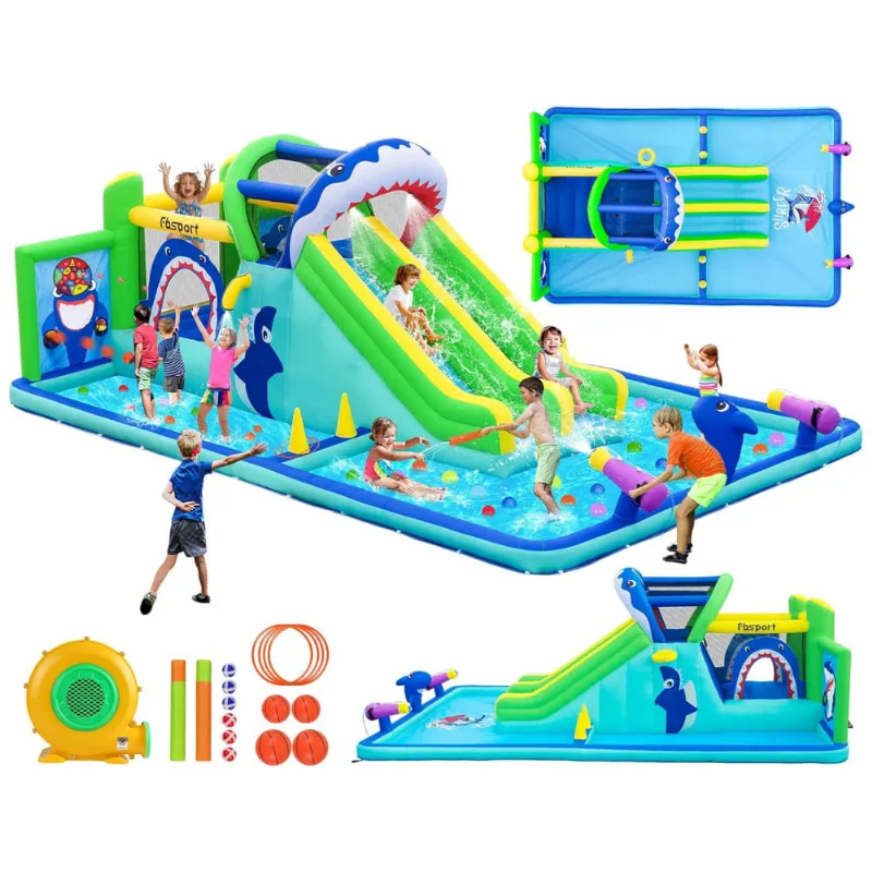 Parque Aquático Inflável Com Tobogã E Parque Aquático Da Fbsport: Castelo Com Duplo Tobogã, Parede De Escalada, Área De Pulo, Arremesso De Argolas.