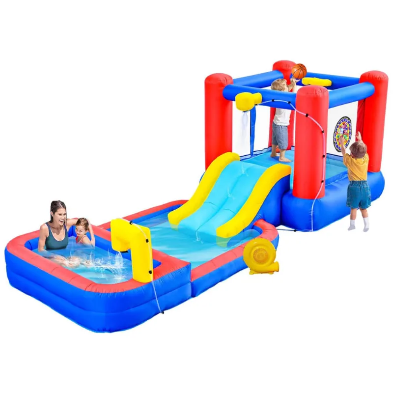 Parque Aquático Inflável com Sprinklers, Toboágua Aquático, Cestas de Basquete, Alvo de Dardos e Piscina Profunda WELLFUNTIME