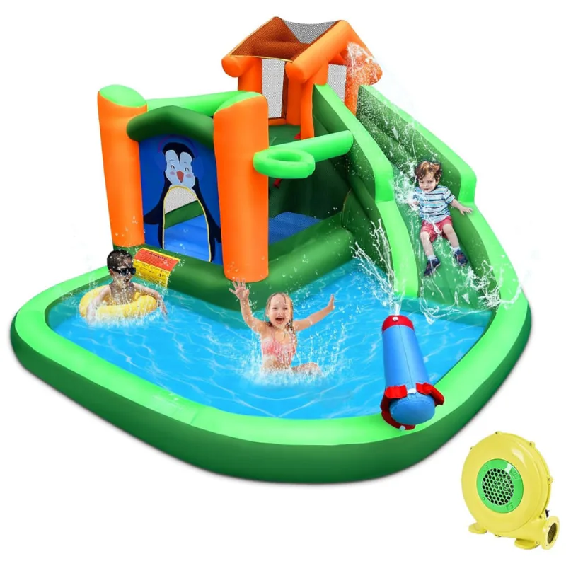 Superfesta: Tobogã Inflável Com Pula-pula Estampado Com Pinguins, Escorregador Água, Parede De Escalada E Cesta Basquete, Parque Infantil