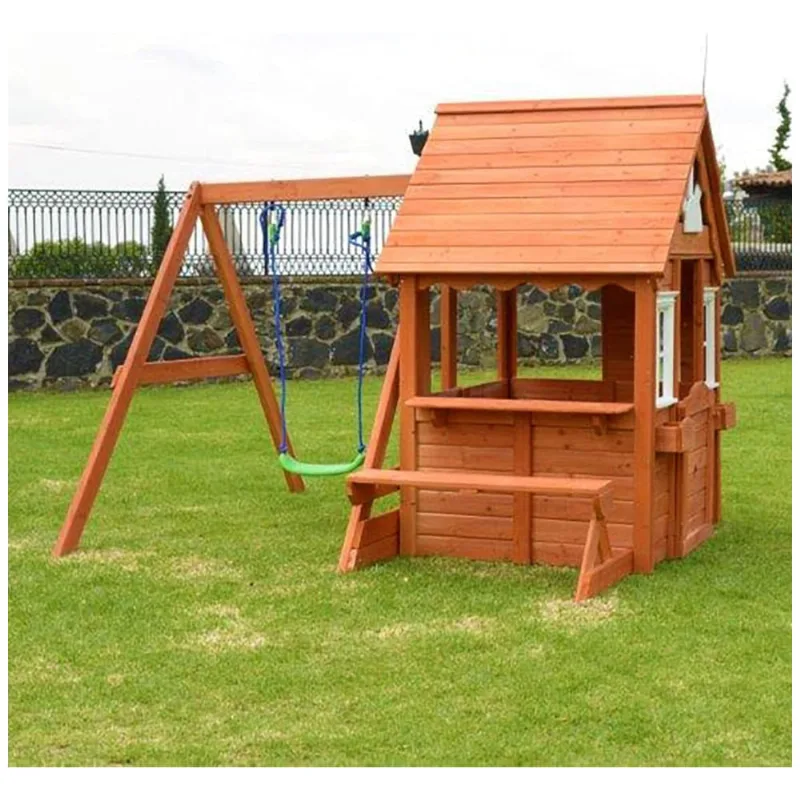 Casinha De Boneca De Madeira Sportspower Swing N Play Para Ambientes Externos Com Balanço, Banco De Piquenique E Caixas De Flores, Marrom
