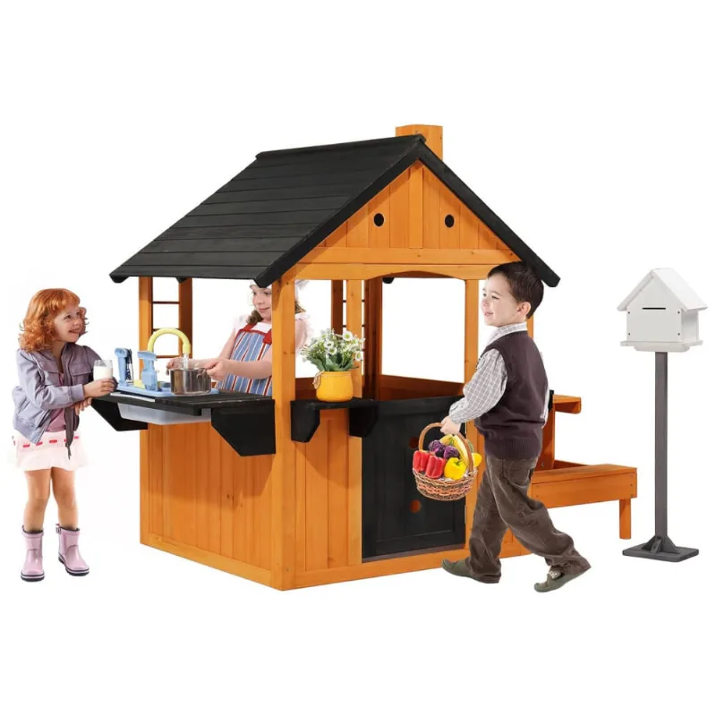 Casa de Madeira Infantil JOYMOR para Área Externa com Pia, Mesa de Piquenique, Caixa de Correio e Porta-Vasos, Idade 3-8 Anos