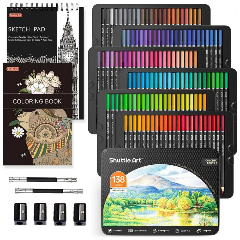 Conjunto de lápis de cor profissionais Shuttle Art 138 cores, com núcleo macio, acompanha 1 livro de colorir, 1 bloco de esboços, 4 apontadores, 2 ext