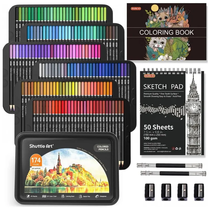 Conjunto de Lápis de Cor Profissional com 174 Cores, Shuttle Art - Ideal para Colorir e Desenhar - Inclui Livro de Colorir e Bloco de Esboços