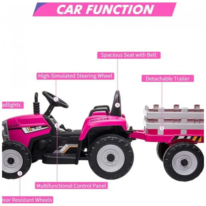 Trator Elétrico Infantil com Controle Remoto, Faróis de 7 LED, 2 Marchas, Reprodutor de Música e Porta USB, 12V, Nasitip, Rosa