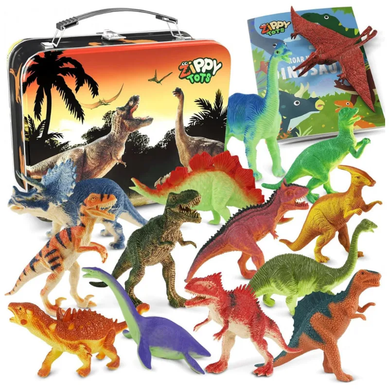 Conjunto de 14 Figuras de Dinossauros de Plástico Realistas da Zippytots com Caixa de Armazenamento e Livro Educacional