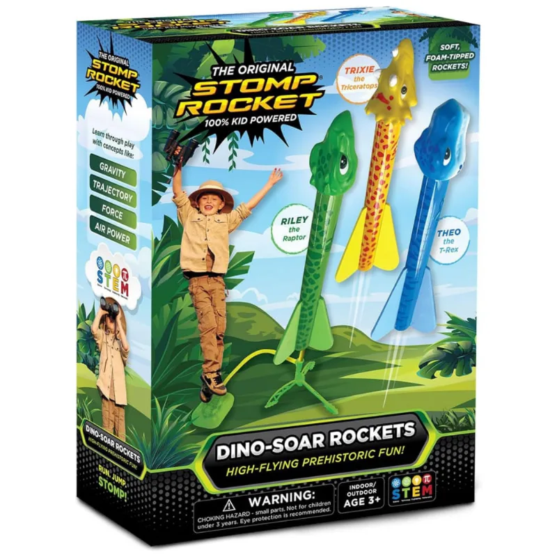 Lançador de Foguetes Stomp Rocket DinoSoar: Diversão Pré-Histórica para Crianças com 3 Foguetes Temáticos de Dinossauro - Stomp Rocket