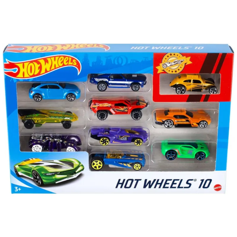 Conjunto de 10 Carros e Caminhões Hot Wheels, Escala 1:64, Veículos Detalhados com Cores Variadas