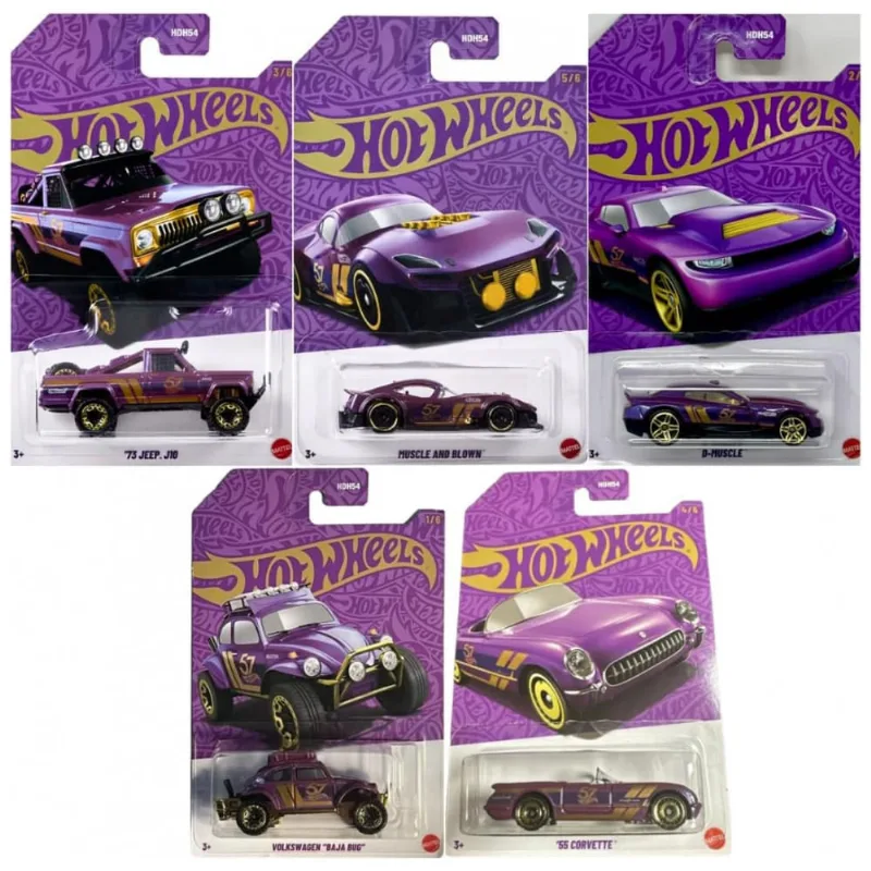 Coleção de Carros Hot Wheels Die-Cast, Edição Comemorativa de 57º Aniversário em Pérola Cromada - Conjunto de 5 Carros (Veículo Chase Não Incluído)